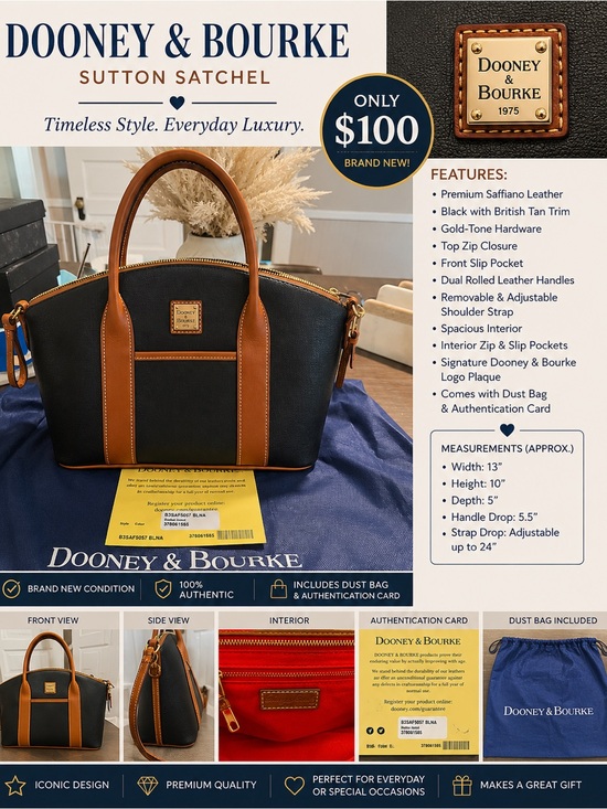 Dooney & Bourke Handbags - Dooney & Bourke Black Satchel with Tan Trim